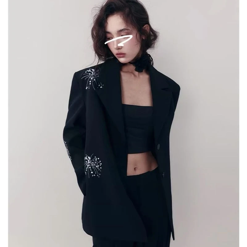 法式重工西装烫钻烟花绽放刺绣休闲垂感外套宽松洋气亮钻显瘦上衣