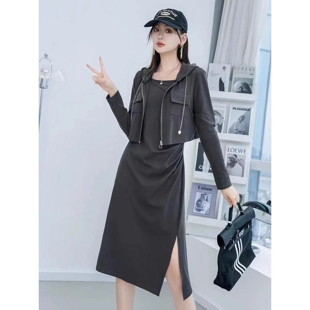 小香风遮肚子开叉连衣裙套装春秋装时尚休闲外套显瘦吊带裙两件套