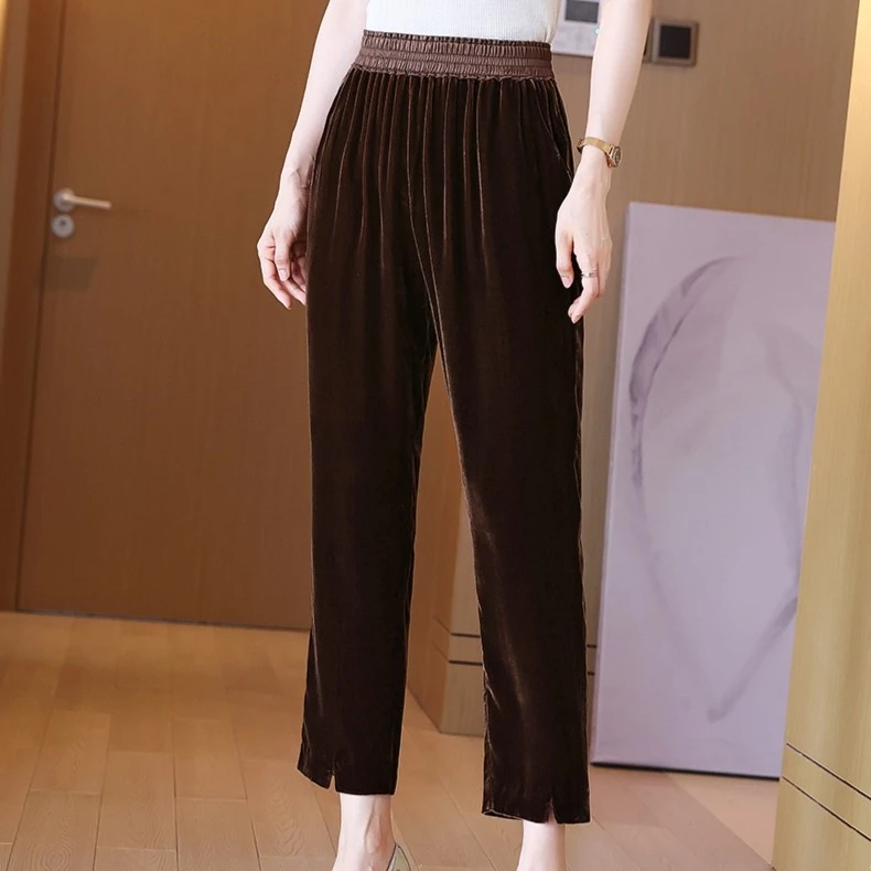 真丝丝绒裤子松紧腰微胖女生裤子休闲显瘦桑蚕丝宽松百搭九分女裤