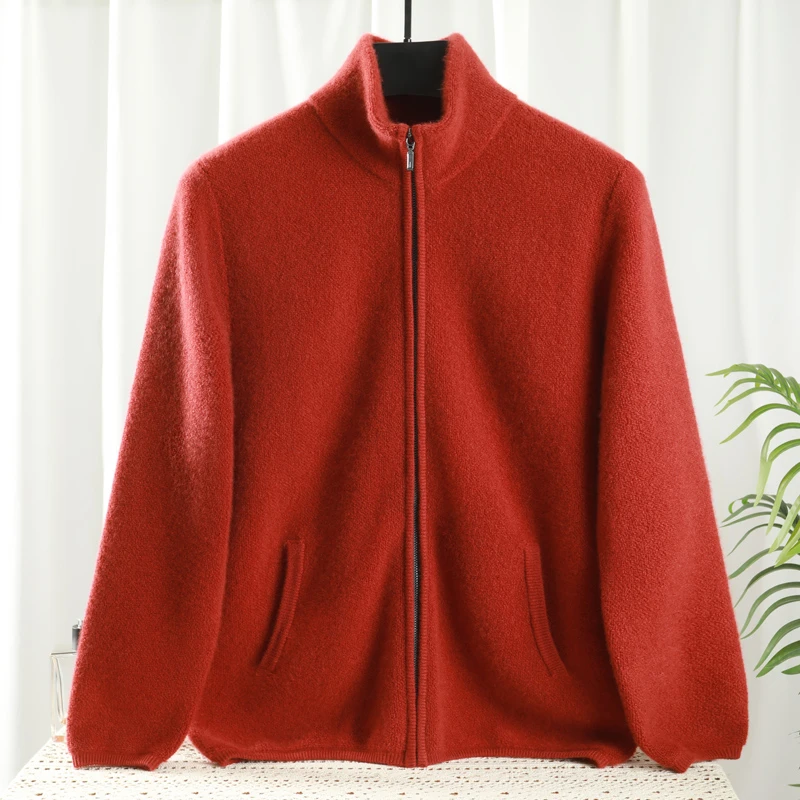 山羊绒保暖夹克秋冬季男加绒休闲针织衫时尚加厚立领宽松长袖开衫
