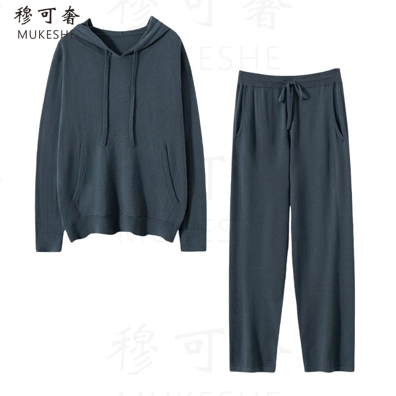春秋季精纺羊绒衫薄款连帽套装男士时尚休闲针织长袖纯色宽松套装