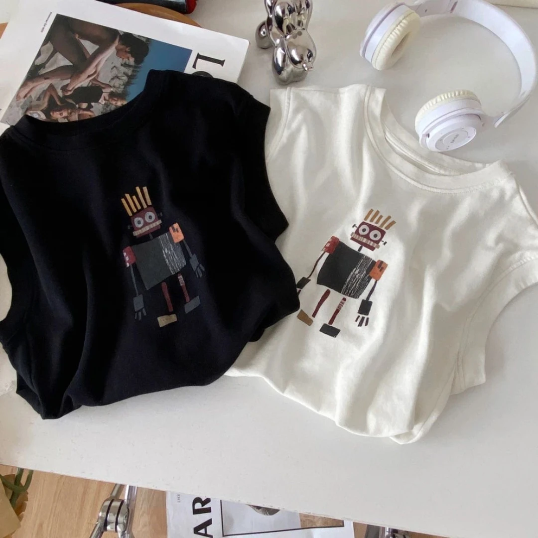 纯棉男童背心机器人韩系2024夏季新款中小童装上衣韩版潮儿童字母