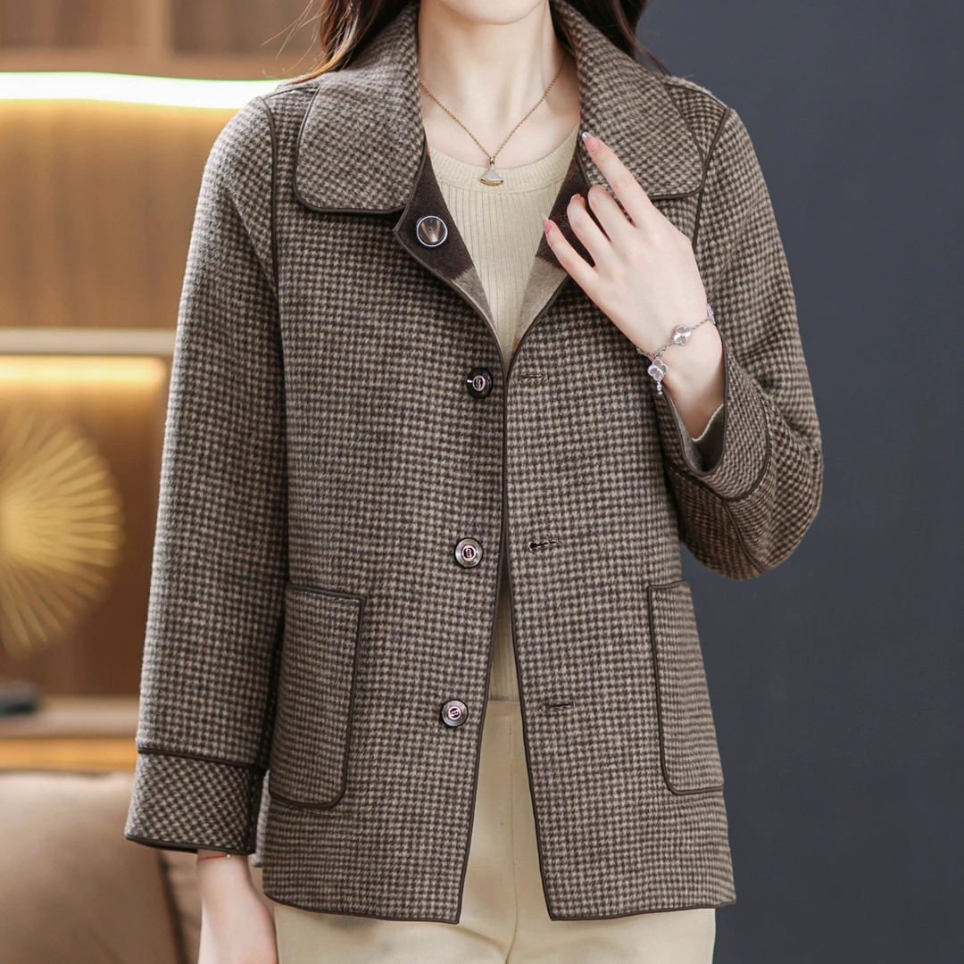 【反季清货】2面2穿羊毛外套手工缝制羊毛双面大衣女士中老年格子