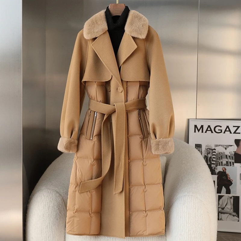 YEXI/页茜冬季新款毛领大衣毛呢拼接羽绒服女中长款大衣外套女