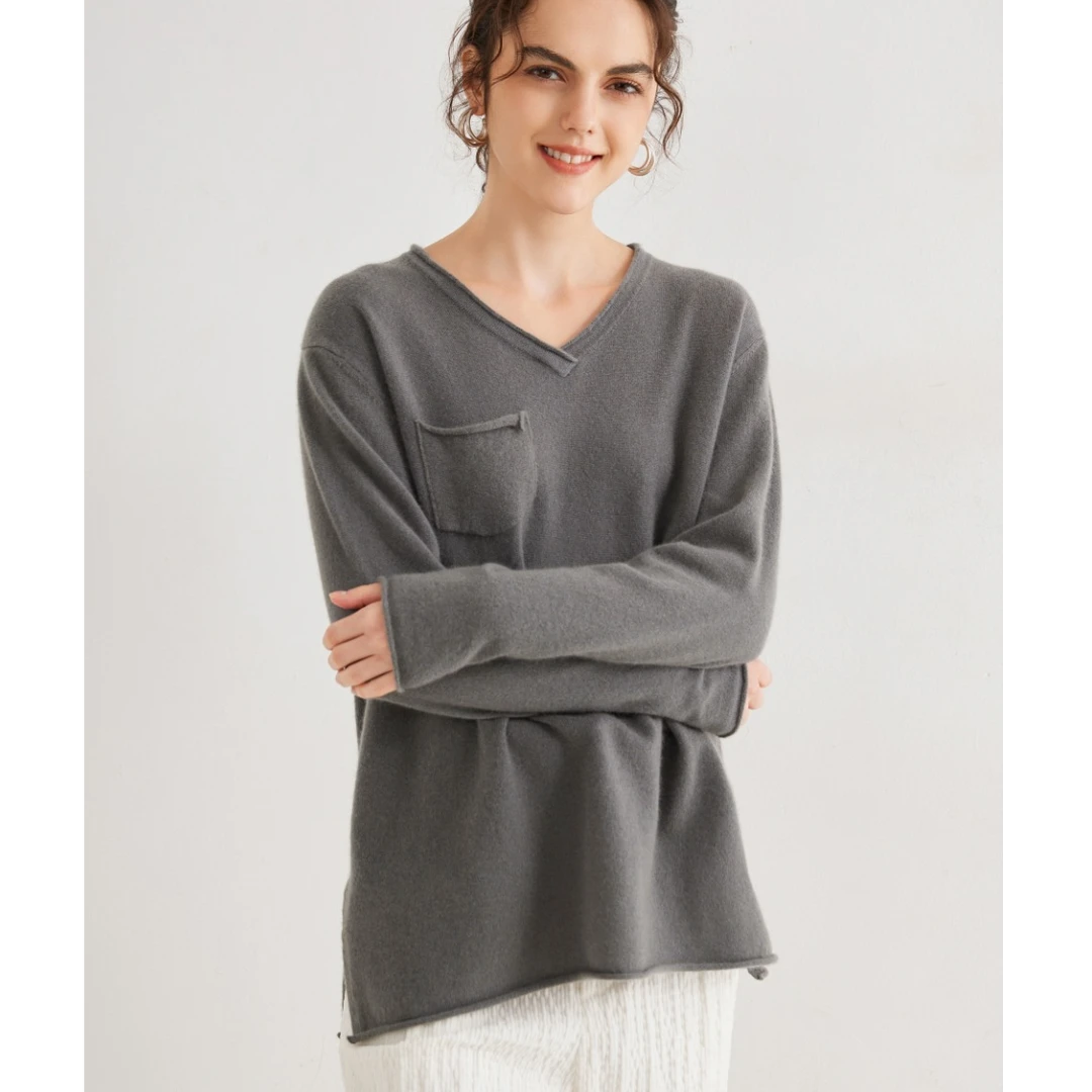 100纯山羊绒V领中长款口袋羊绒衫打底毛衣开叉休闲宽松纯色针织