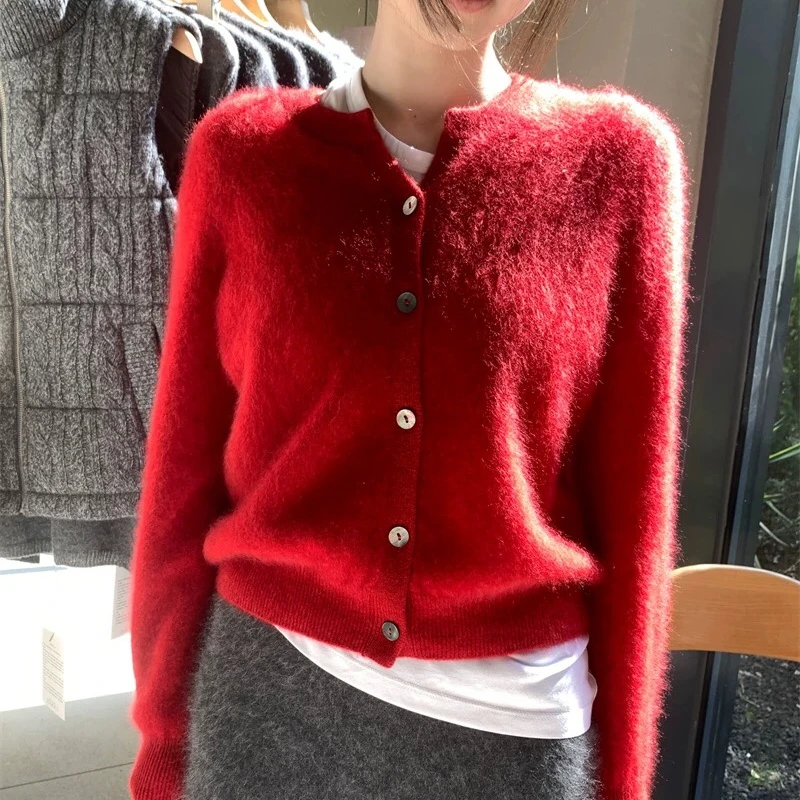 100%山羊绒【拉绒开衫】秋冬百搭小香风气质针织红色山羊绒拉绒毛衣