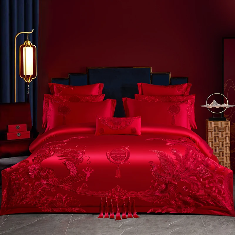 轻奢风结婚四件套红色纯棉全棉龙凤刺绣被套床单婚庆婚嫁床上用品