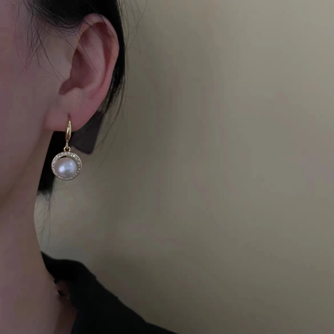 珍珠【Z7】轻奢复古简约淡水镶嵌核耳钉法式气质经典耳环