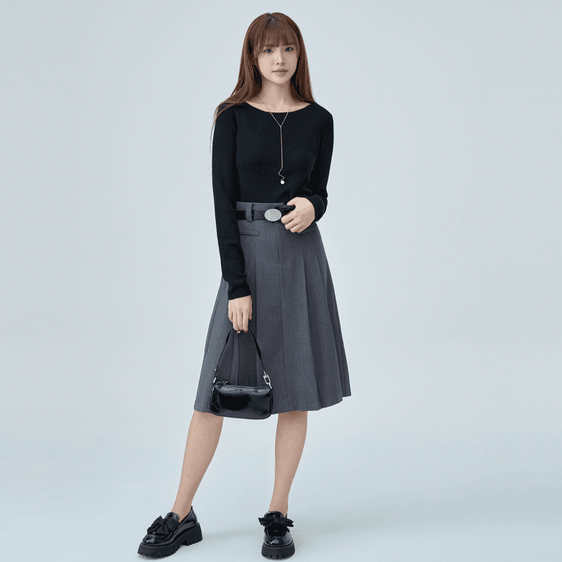 maokai 女装冬季时尚长袖圆领百搭套头黑色修身针织衫M23483503