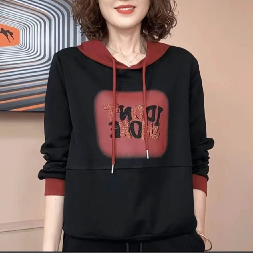 2024秋季时尚连帽T恤字母烫钻印花百搭显瘦洋气减龄休闲卫衣