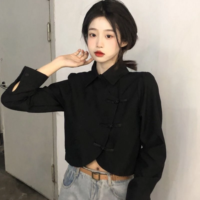 中国风盘扣短款长袖衬衫女春秋白法式衬衣设计感小众新中式上衣