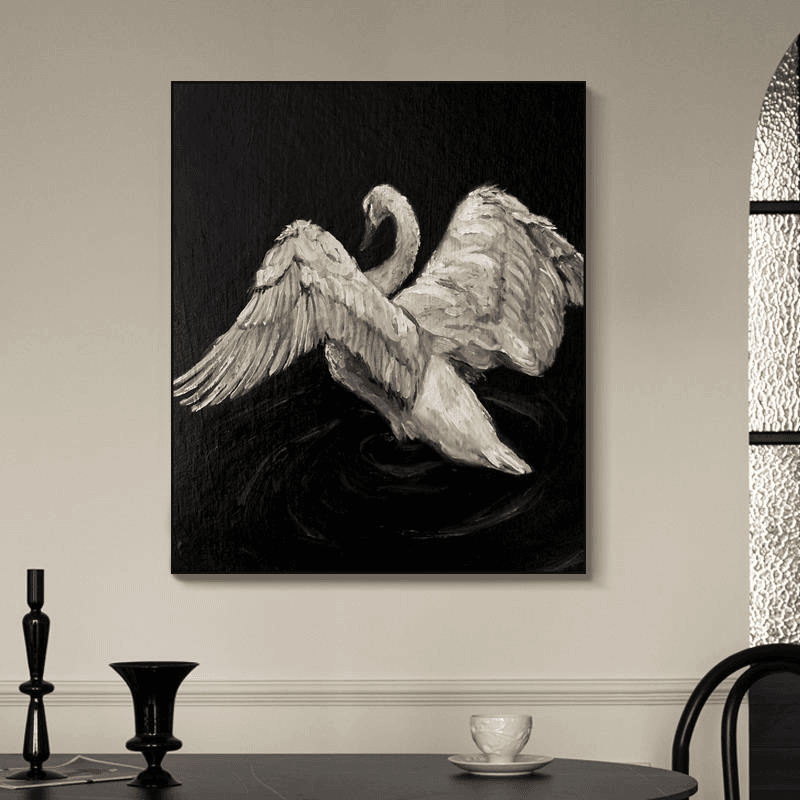 黑白天鹅法式中古挂画书房客厅诧寂风装饰画玄关小众潮流艺术摆画