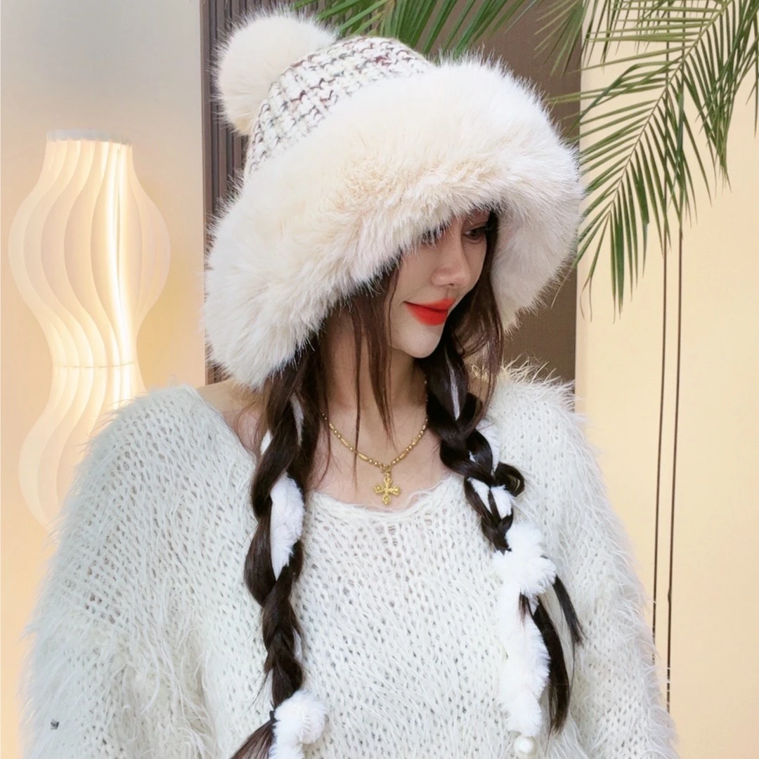 秋冬新款【仿貂绒加绒辫子帽】韩版时尚百搭保暖防风毛绒加厚针织帽