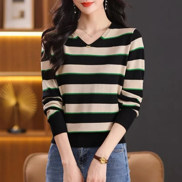 【条纹V领】条纹针织打底毛衣时尚洋气显瘦百搭1071