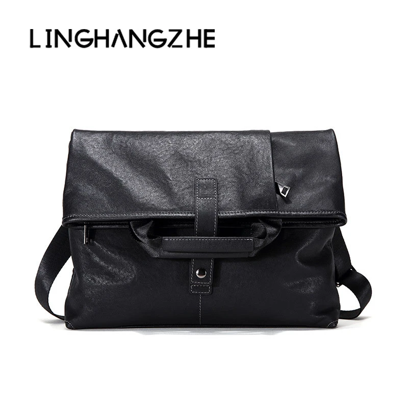 LINGHANGZHE/领航者男士单肩包斜跨包多功能手提真皮软皮头层牛皮
