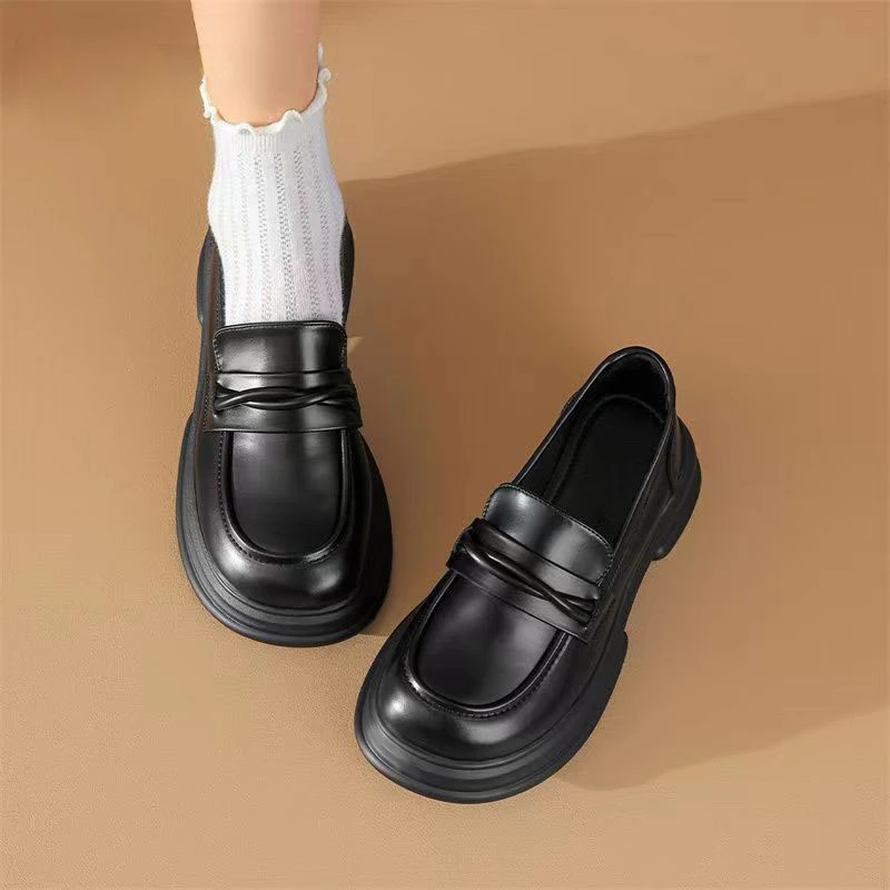 黑色英伦风小皮鞋2024新款学院风小单鞋粗跟百搭厚底乐福鞋女单鞋