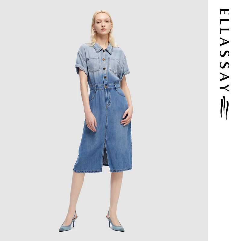 ELLASSAY歌力思春夏时尚莱赛尔牛仔连衣裙女EWD351N00300