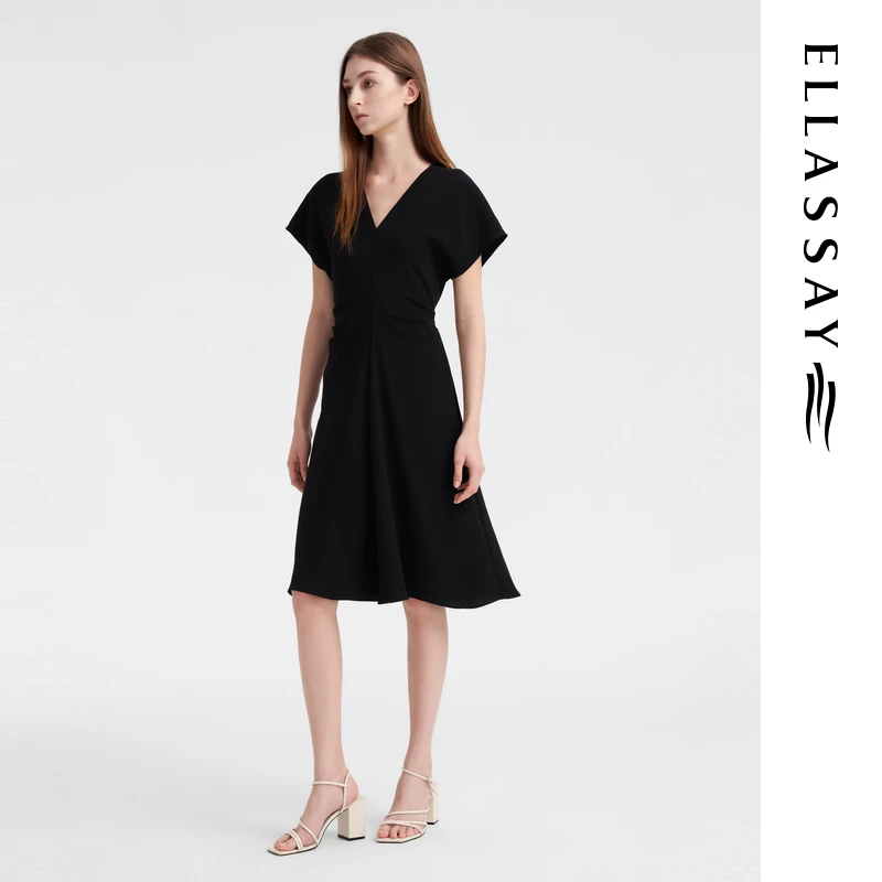 ELLASSAY歌力思欧若智性风轻奢赫本风收腰小黑连衣裙EWB352Y03100