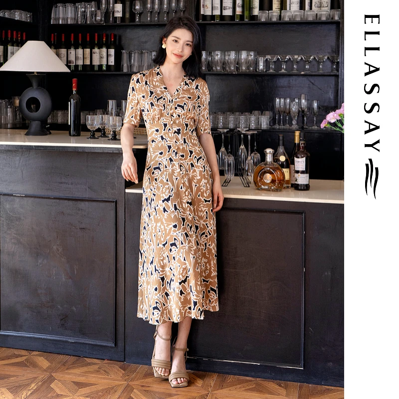 ELLASSAY歌力思气质夏季款印花茶歇裙V领连衣裙女EWE351Y14700
