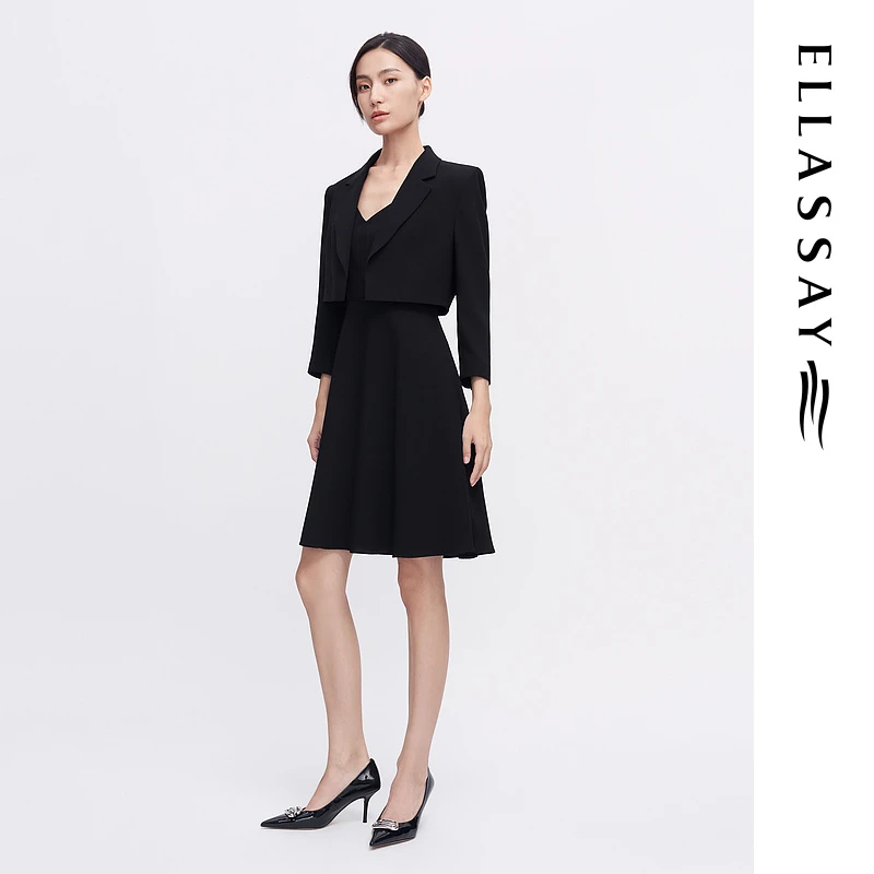 ELLASSAY歌力思夏款三醋酸气质优雅通勤显瘦小黑裙EWE342Y12000