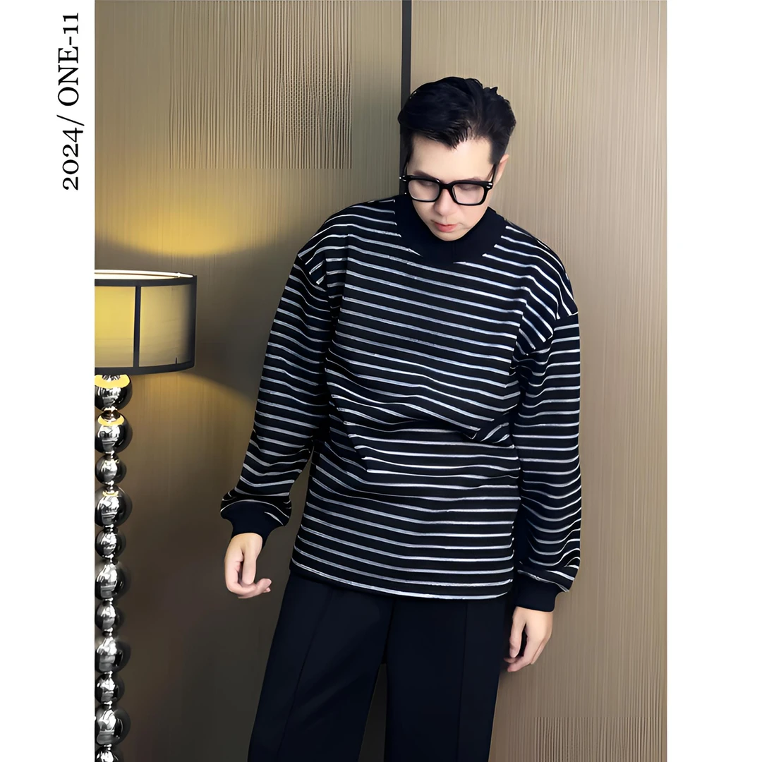 600克秋冬季新款加绒打底复古条纹长袖圆领韩版潮流时髦休闲百搭