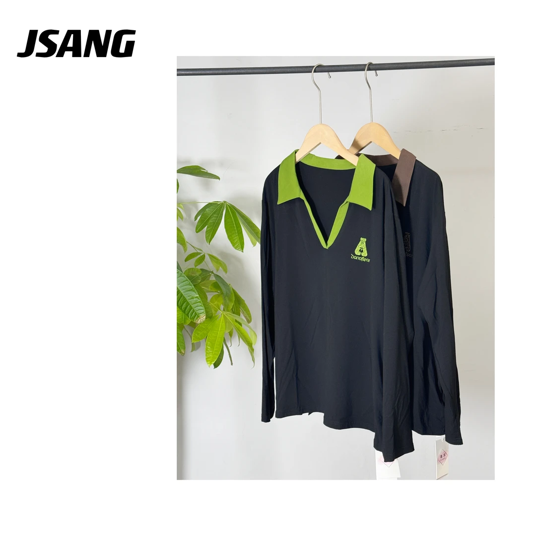 W8029#JSANG 衬衫领撞色长袖上衣