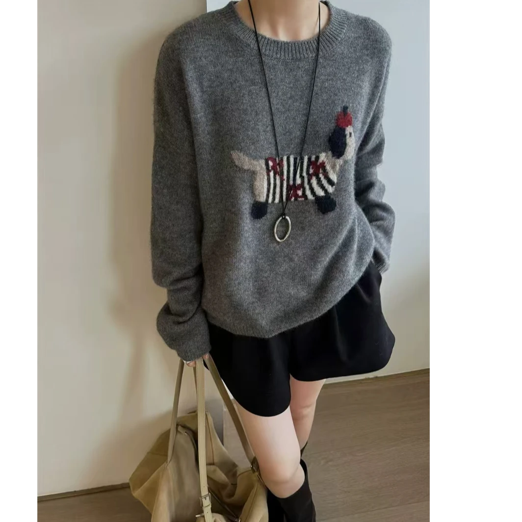 【欧货香肠狗】圆领套头绵羊毛针织衫慵懒风百搭宽松减龄长袖毛衣