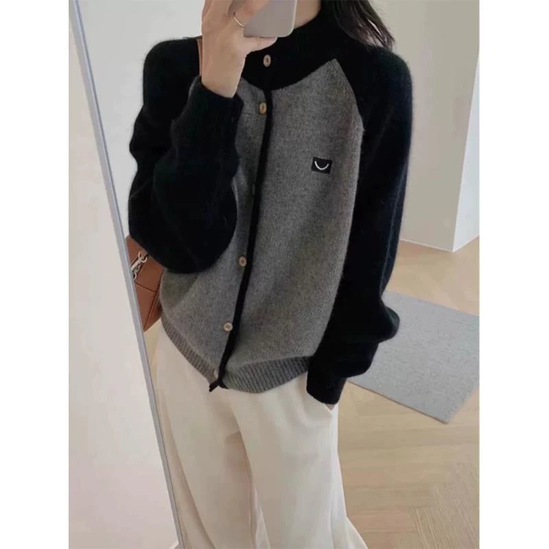 【运费补贴】撞色圆领针织开衫外套欧货韩系风长袖针织衫毛衣潮A102