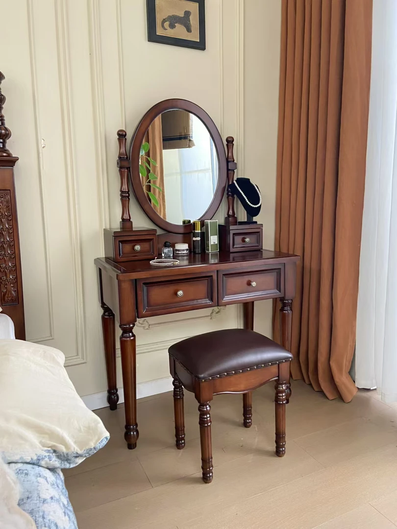 美式梳妆台全实木化妆桌卧室小户型复古简约化妆台桌椅家用轻奢