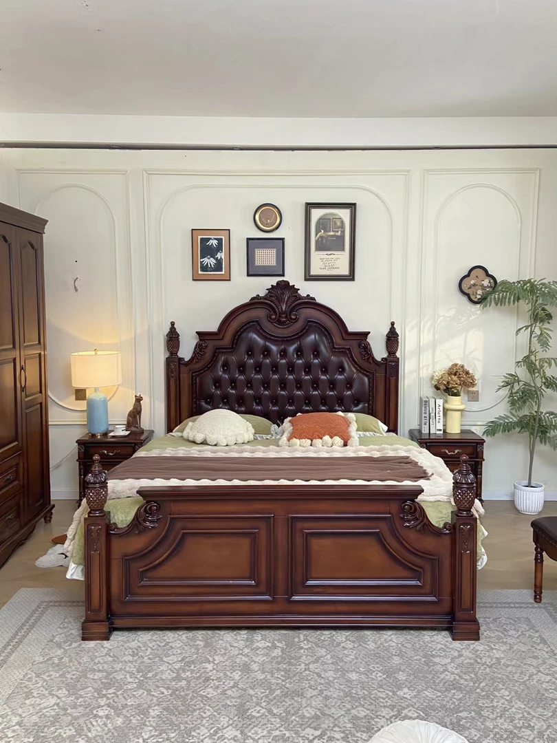 欧式复古雕花实木床高端品质软包双人床婚床床五斗柜家用卧室