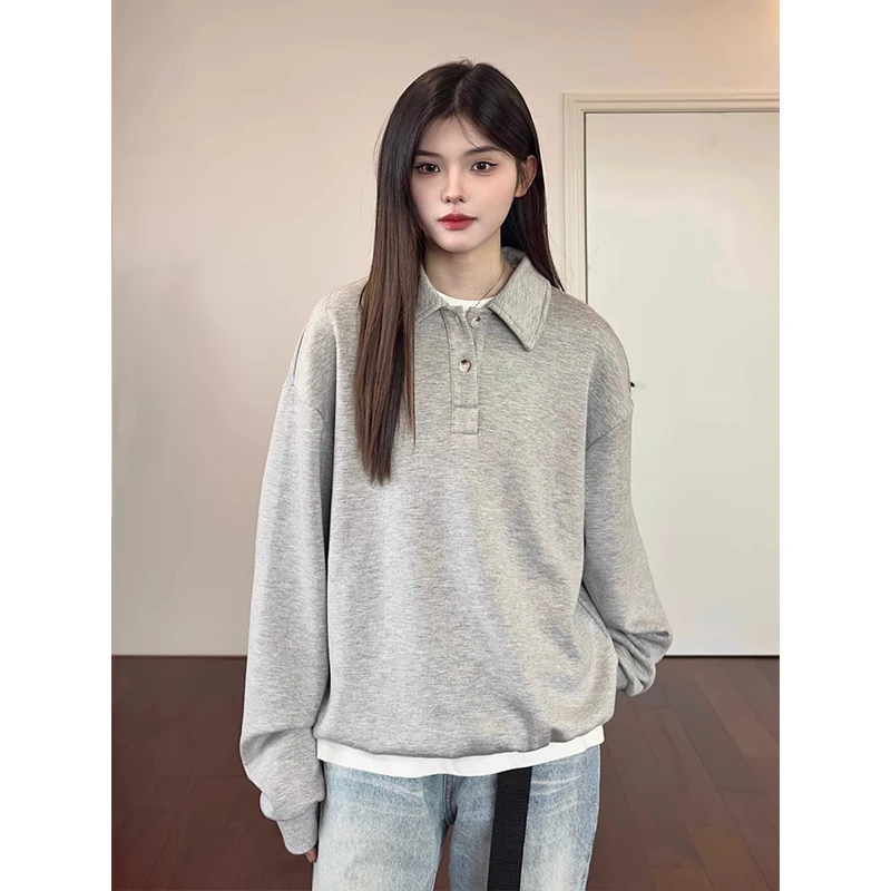 灰色polo卫衣男春秋款无帽翻领美式复古重磅潮牌休闲cleanfit外套