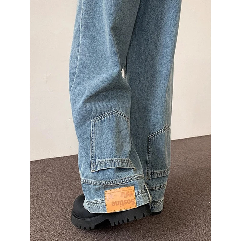 浅蓝色反穿倒装牛仔裤设计感小众反方向的裤子男款美式高街微喇裤