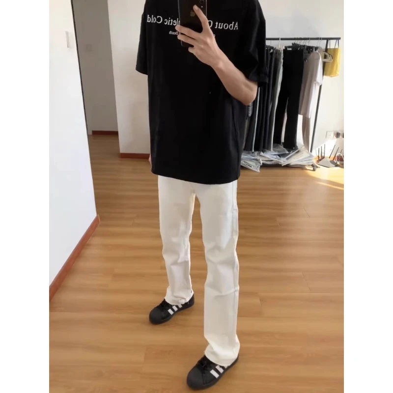 白色牛仔裤男款夏季cleanfit美式高街vibe裤子修身弹力直筒微喇裤