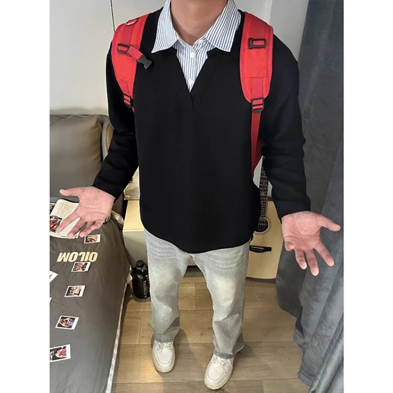 黑色假两件衬衫领卫衣男款秋冬重磅正肩长袖t恤高级感v领内搭上衣