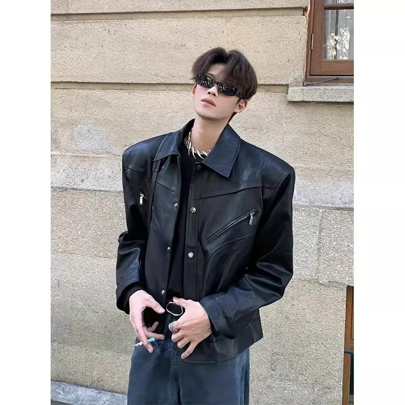美式短款垫肩皮衣外套男秋冬款发型师男装高级感痞帅翻领机车夹克