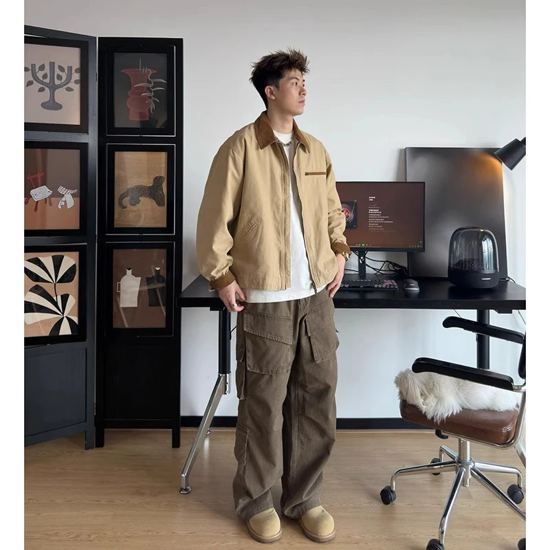 美式复古卡其色外套男秋季cleanfit底特律工装夹克高级感翻领上衣