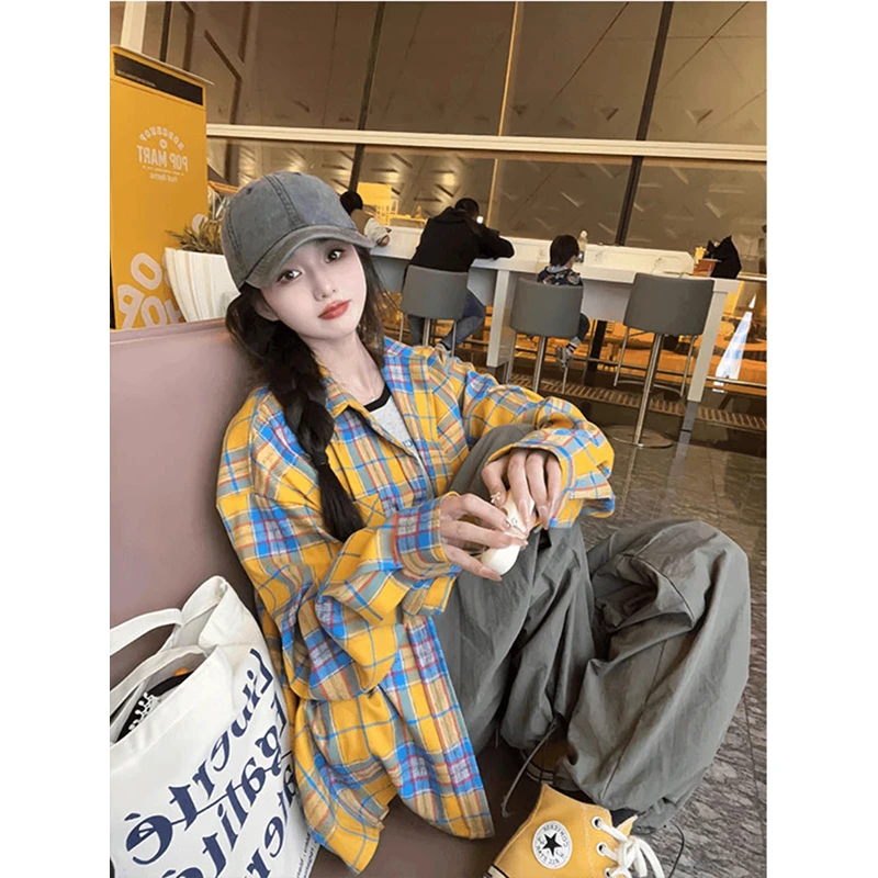 vintage美式复古黄色格子长袖衬衫男春秋季冷淡系高级感情侣外套