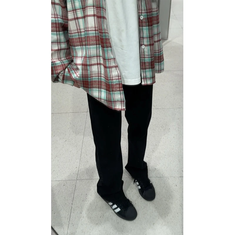 美式高街直筒微喇裤子男款秋季cleanfit水洗黑色牛仔裤显瘦窄版裤