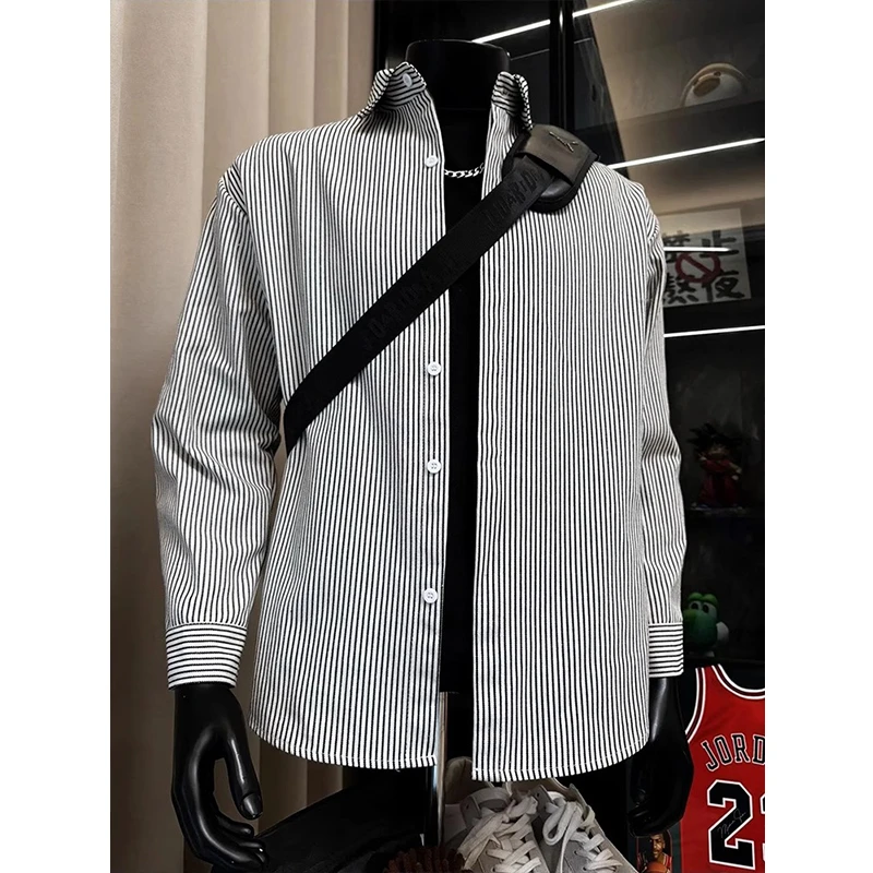 美式复古条纹衬衫男长袖内搭叠穿打底衬衣设计感高级休闲运动外套