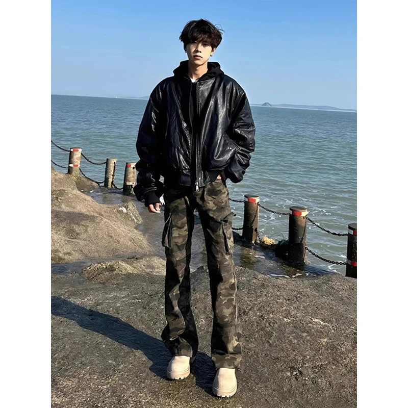 美式迷彩微喇工装裤男款大口袋微喇伐木裤子cleanfit直筒弯刀裤