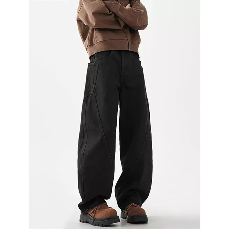 美式弯刀牛仔裤男秋冬垂感直筒baggy工装裤子拼接阔腿香蕉镰刀裤