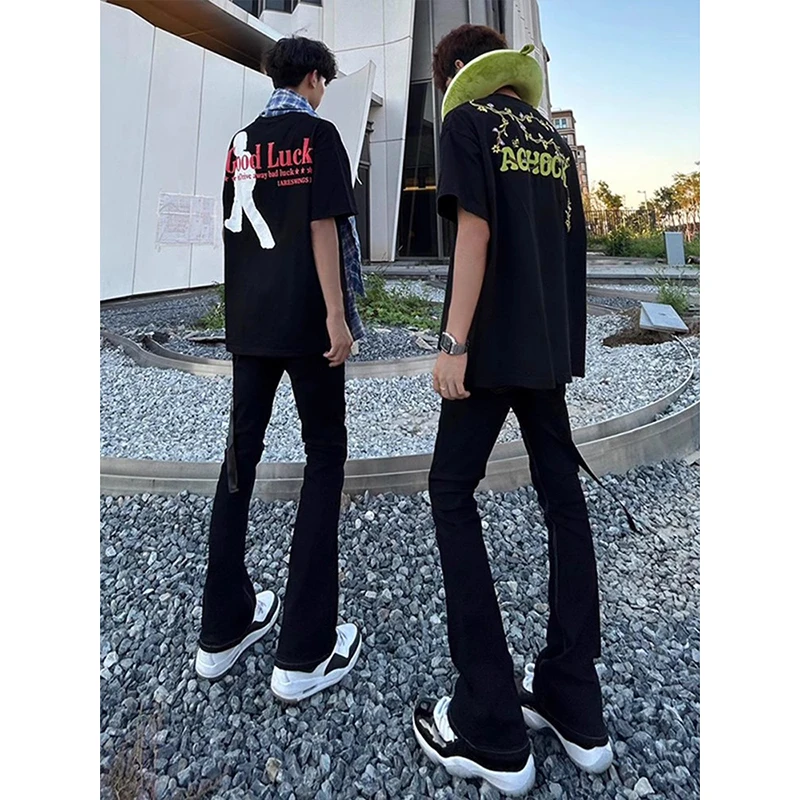 纯黑色微喇牛仔裤男生夏季薄款vibe修身裤子美式高街显瘦高直筒裤