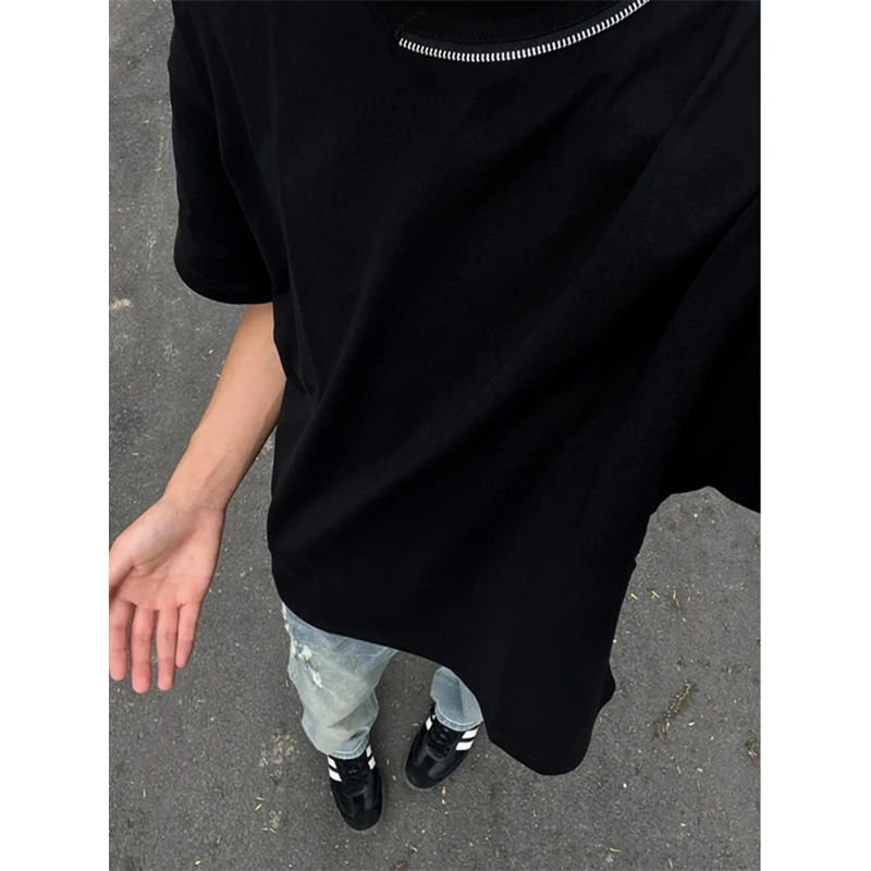 男生短袖高级感痞帅小领口t恤男重磅小众cleanfit设计感拉链半袖