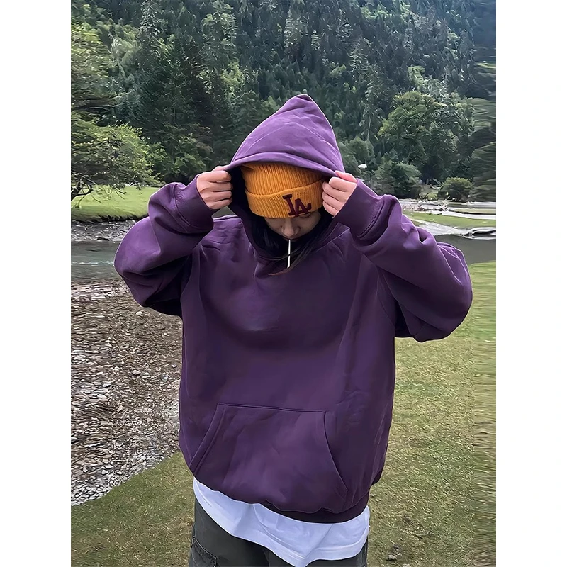 紫色美式复古卫衣男款连帽秋冬重磅加绒高街宽松oversize情侣外套