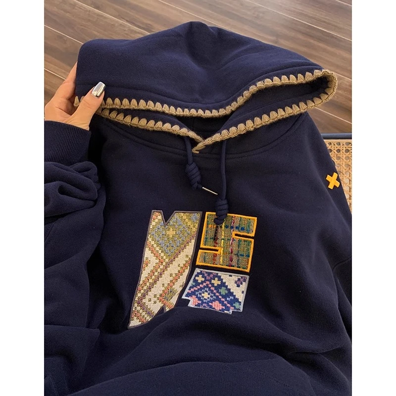 藏青色刺绣卫衣男春秋款美式重磅外套设计感潮牌复古民族风有帽衫