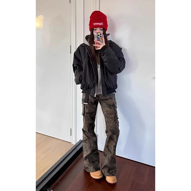 迷彩工装裤子男款秋冬美式复古显瘦长裤cleanft微喇叭直筒牛仔裤