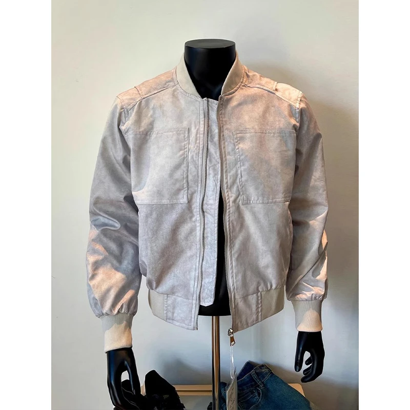 石灰色短款工装外套男秋冬款美式立领飞行夹克cleanfit广州棒球服