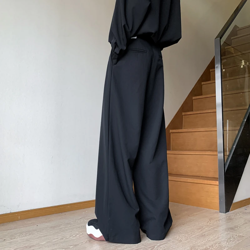 黑色阔腿西装裤子男夏季美式高街垂感高级感西裤宽松直筒休闲长裤