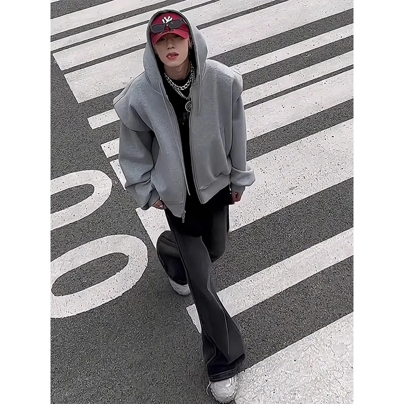 灰色重磅开衫连帽卫衣外套男春秋美式复古cleanfit高级感垫肩夹克