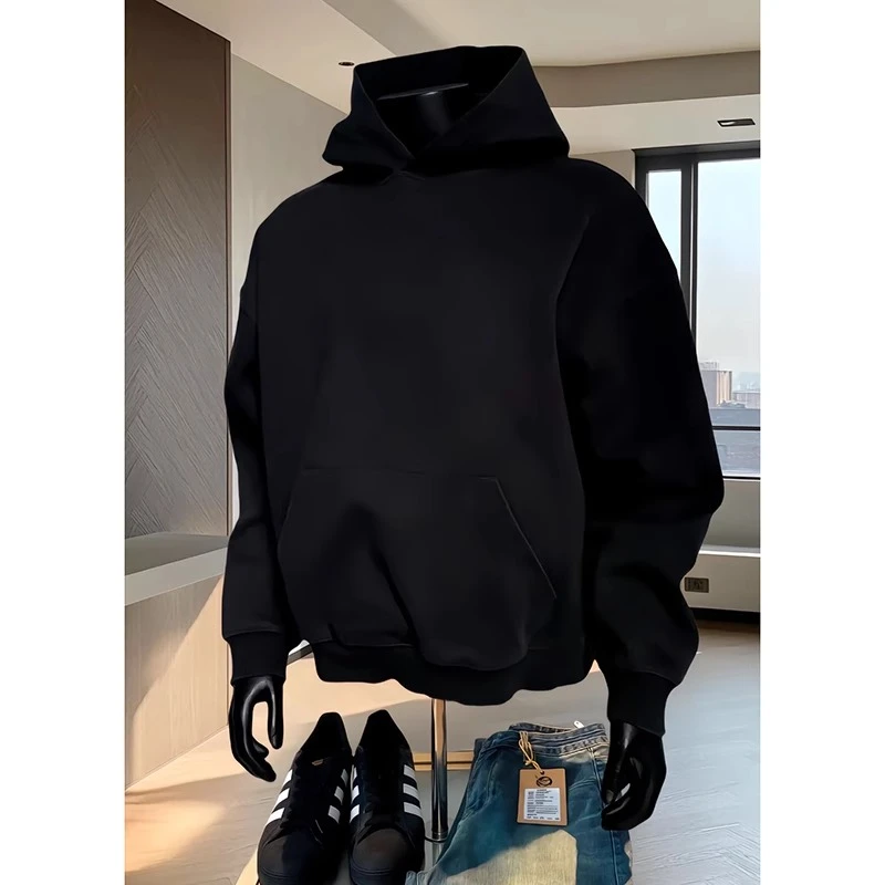 纯黑色cleanfit高克重连帽卫衣男款秋冬重磅硬挺美式boxy帽衫外套